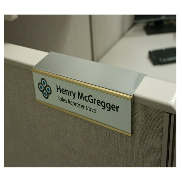Cubicle 2 x 8 Laser Engraved Name Plate with Gold Aluminum Holder Adhesive Backed Purple Flush Mountable Wall Door 